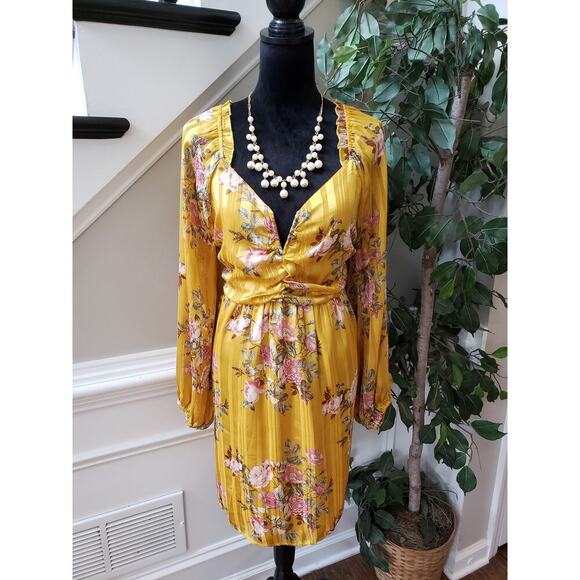 Forever 21 Sheath Dress Womens OX Yellow Floral Keyhole Back Bow Sweetheart Neck - Picture 14 of 14